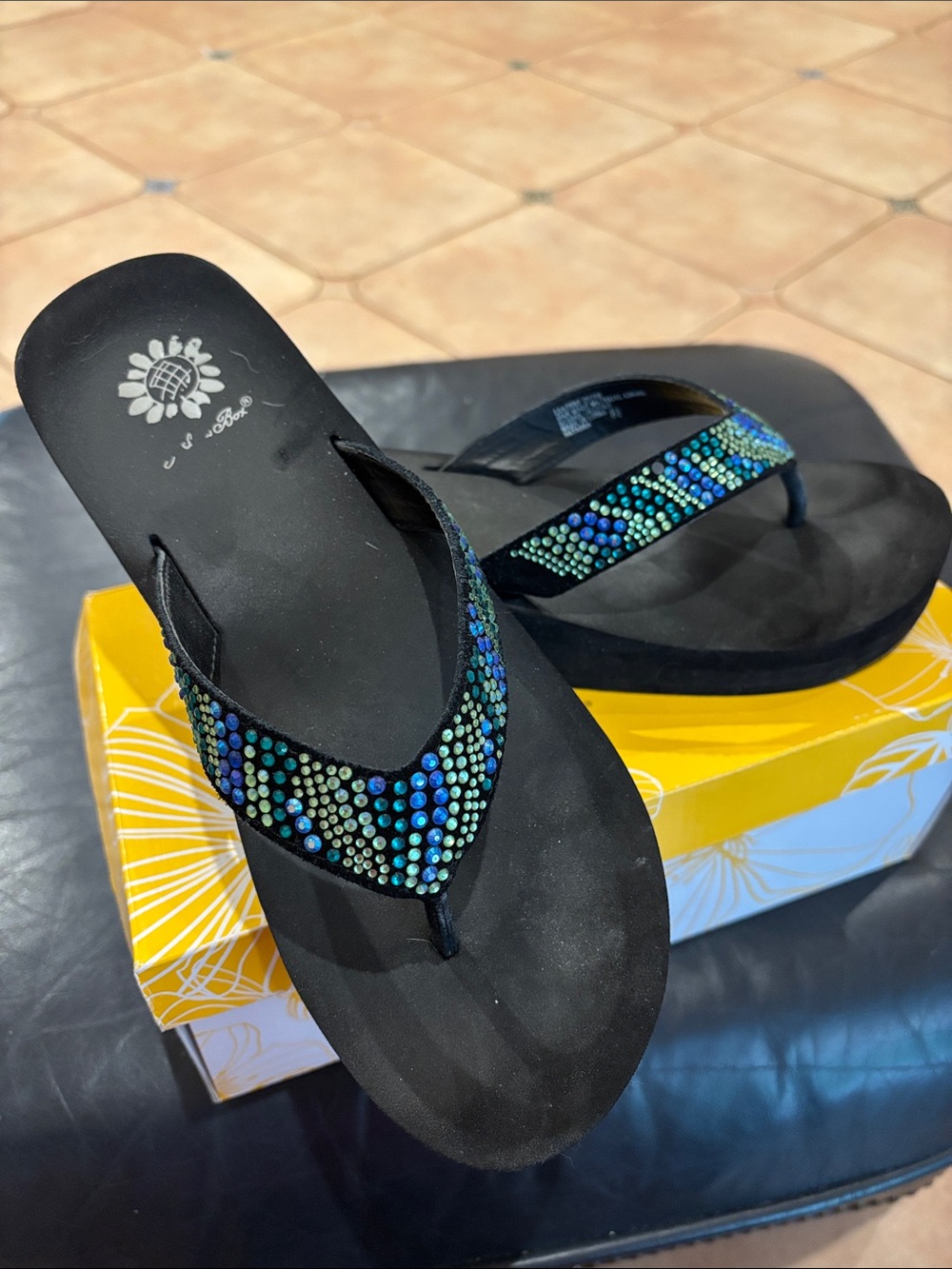 Yellow Box Black Flip-Flop Sandals with Blue and Green Rhinestones